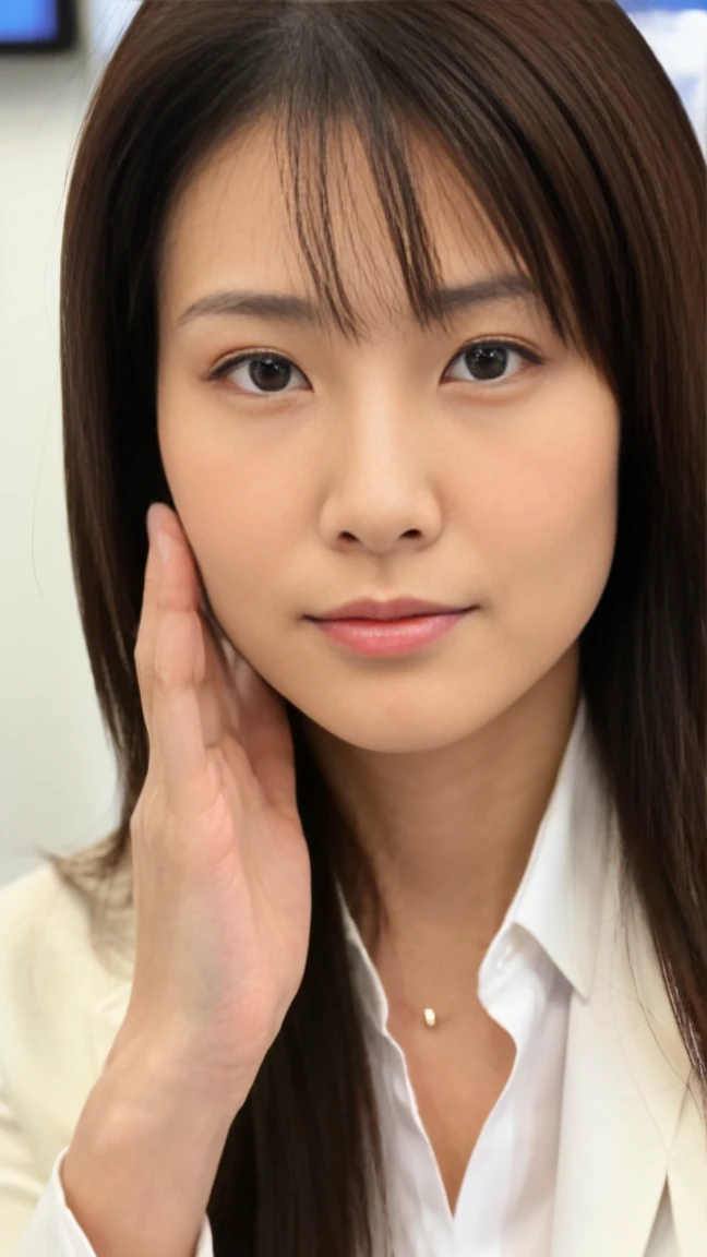 (top-quality, 16K, masterpiece:1.3), (ultra detailed), (masterpiece), (best quality), Highest quality, Realistic, surreal, Highest quality, Extremely detailed CG, Very delicate, 16K wallpaper, High resolution, A female manager working for a top company, 3, Very small mole on face, UNTITLED business suits, A very simple necklace, Japanese office with large windows, Japanese, slender body, very detailed, detailed fingers, detailed hands, detailed eyes, detailed legs, accurate and perfect human anatomy, real human skin, BREAK ((look into the viewer's eyes:1.5)), ((looking at viewer:1.5)), ((Front view:1.5)), ((from front:1.5)),