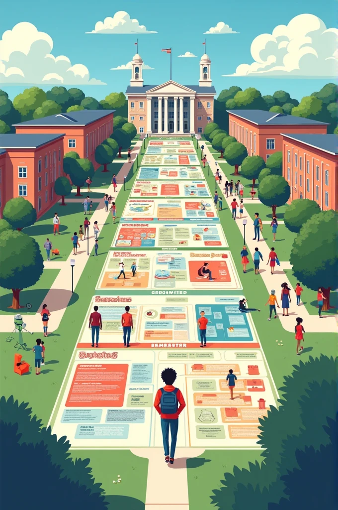 Create a grand mapping image for your college assignment that contains the following words :
Semester 1-2: Focus on early adaptation, campus introduction, and social activities.
Semester 3-4: Start being active in organizations, maintain GPA, and look for scholarship opportunities.
Semester 5-6: Plan thesis topic, improve scientific writing skills, and maintain academic achievement.
Semester 7-8: Focus on KKN, thesis completion, and career preparation.