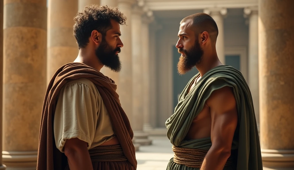 A male stoic philosopher with a well-proportioned, attractive physique stands in a grand Roman forum, engaging in an animated conversation with a trusted companion. The philosopher is dressed in classic tunics in muted earthy tones—grey, brown, and olive green—with subtle gold or copper accents. The camera is positioned at a medium distance, capturing the philosopher and his companion in the foreground, with majestic Doric columns and the Forum's grand architecture forming a detailed background. The scene is bathed in warm, golden light, highlighting the philosopher's serene expression and the architectural beauty of the Roman setting. The depth of field is shallow, keeping the focus sharp on the characters while the background columns are softly blurred, emphasizing the historical context and personal connection.