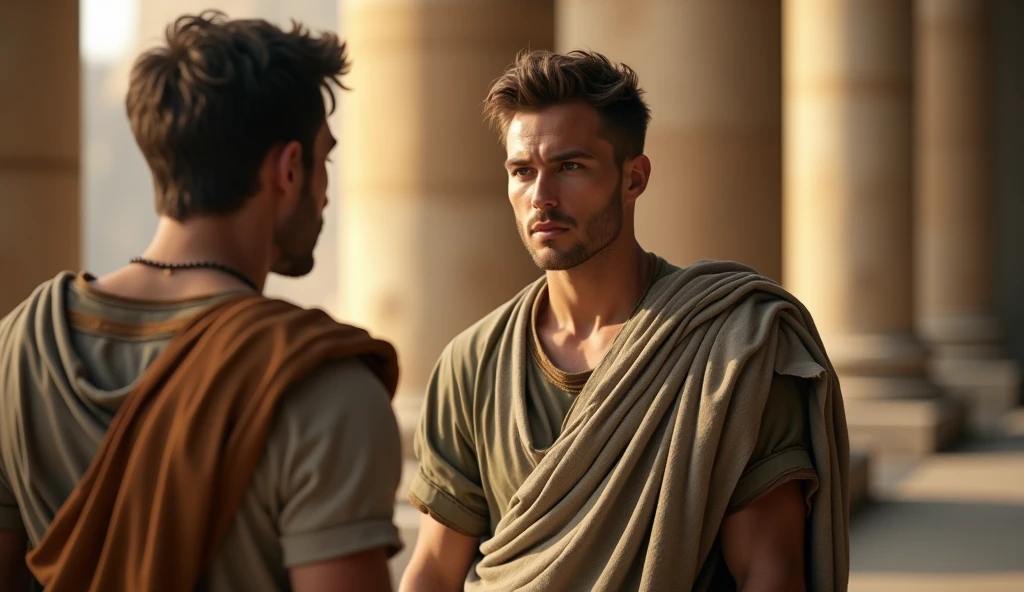 A male stoic philosopher with a well-proportioned, attractive physique stands in a grand Roman forum, engaging in an animated conversation with a trusted companion. The philosopher is dressed in classic tunics in muted earthy tones—grey, brown, and olive green—with subtle gold or copper accents. The camera is positioned at a medium distance, capturing the philosopher and his companion in the foreground, with majestic Doric columns and the Forum's grand architecture forming a detailed background. The scene is bathed in warm, golden light, highlighting the philosopher's serene expression and the architectural beauty of the Roman setting. The depth of field is shallow, keeping the focus sharp on the characters while the background columns are softly blurred, emphasizing the historical context and personal connection.