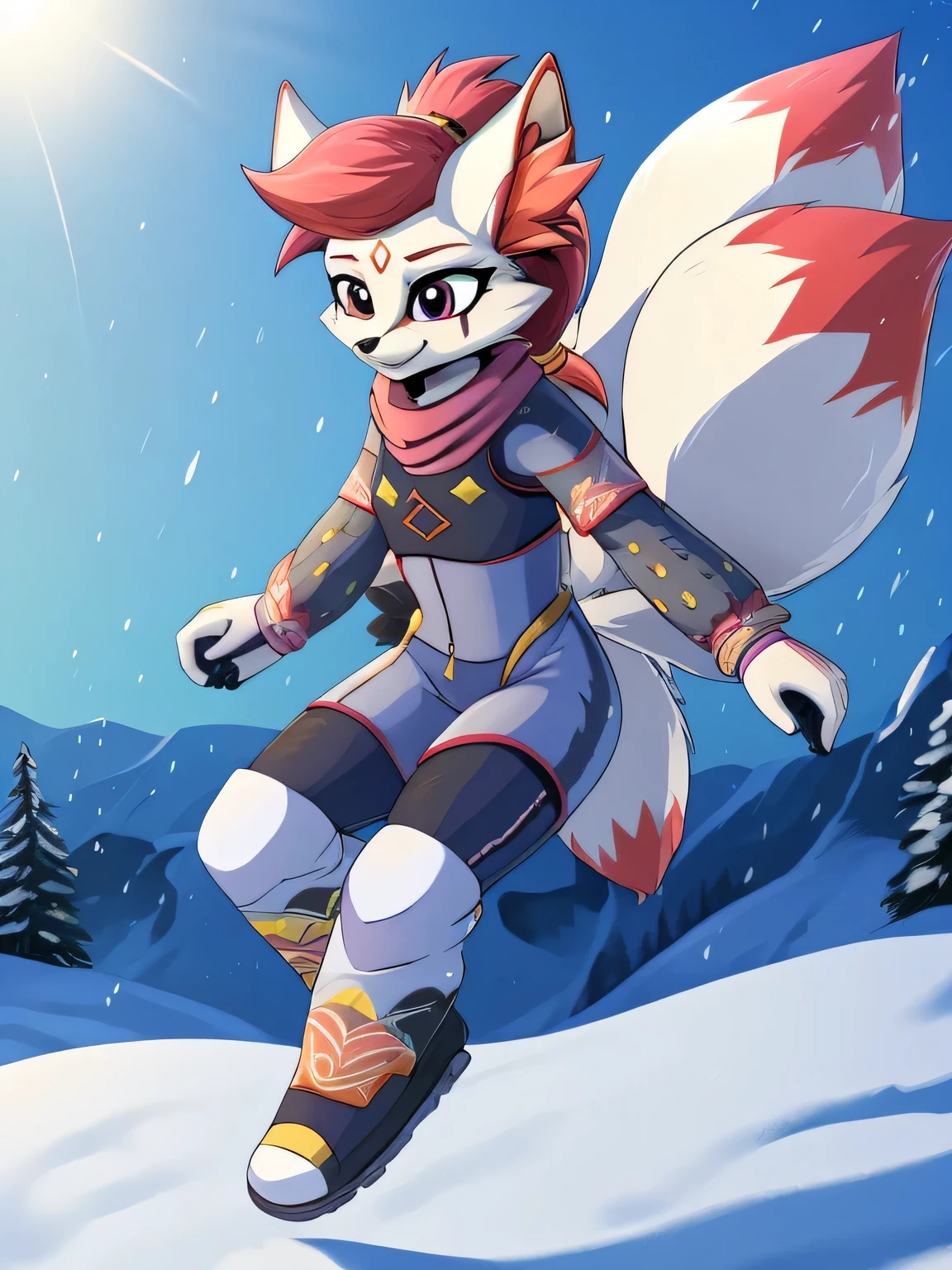 kimiko, furry female anthro, fox girl, multiple tails, solo, short ponytail, scar on the eye, detailed face, masterpiece, dressed, winter suit, snowy day, snow, jump, jump in air, two legs, legs tucked in, detailed face, perfect face, perfect hands, scarf