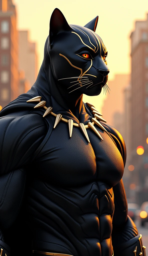 A majestic Marvel superhero, the Black Panther, stands regal with the feline features of a Maine Coon cat's head. His sleek black suit glistens under warm, golden lighting, highlighting the sharp angles of his face. The camera frames him from a low angle, emphasizing his powerful physique and authoritative stance. In the background, a subtle cityscape hums with urban energy, as the Black Panther gazes out, his piercing gaze reflecting wisdom and determination