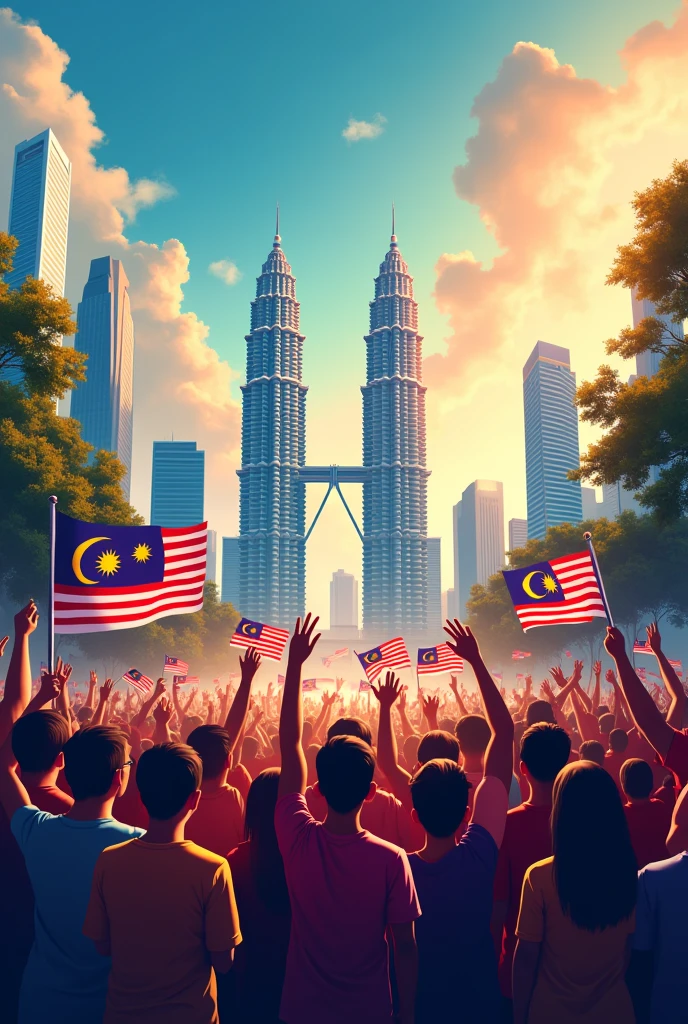make a malaysian independence day poster with the theme Civilized Malaysia: Merdeka Spirit. Many people waving the flag