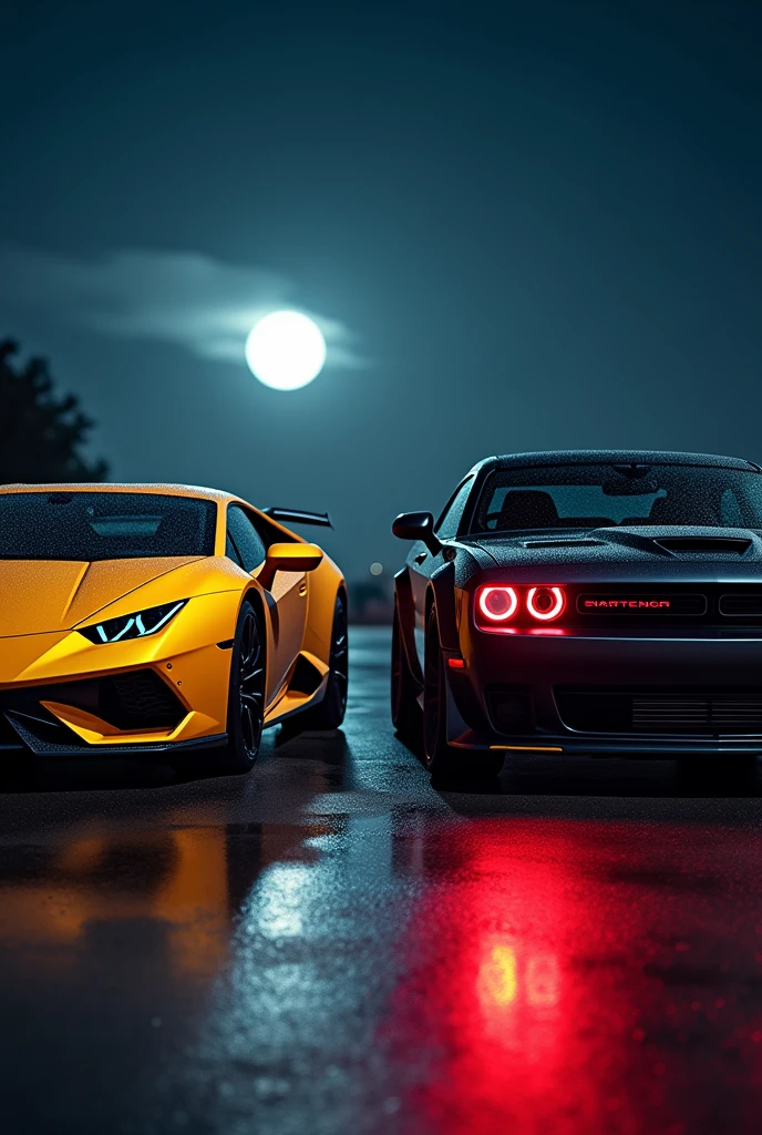 A yellow lamborghini with a matt black red eye hellcat dodge challenger with red head lights in a dark night on a shiny road when the moon is on the sky showing from the front full quality 