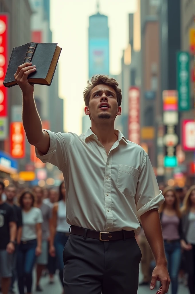 Create a 20-year-old preaching on the street with a Bible in his hand 1