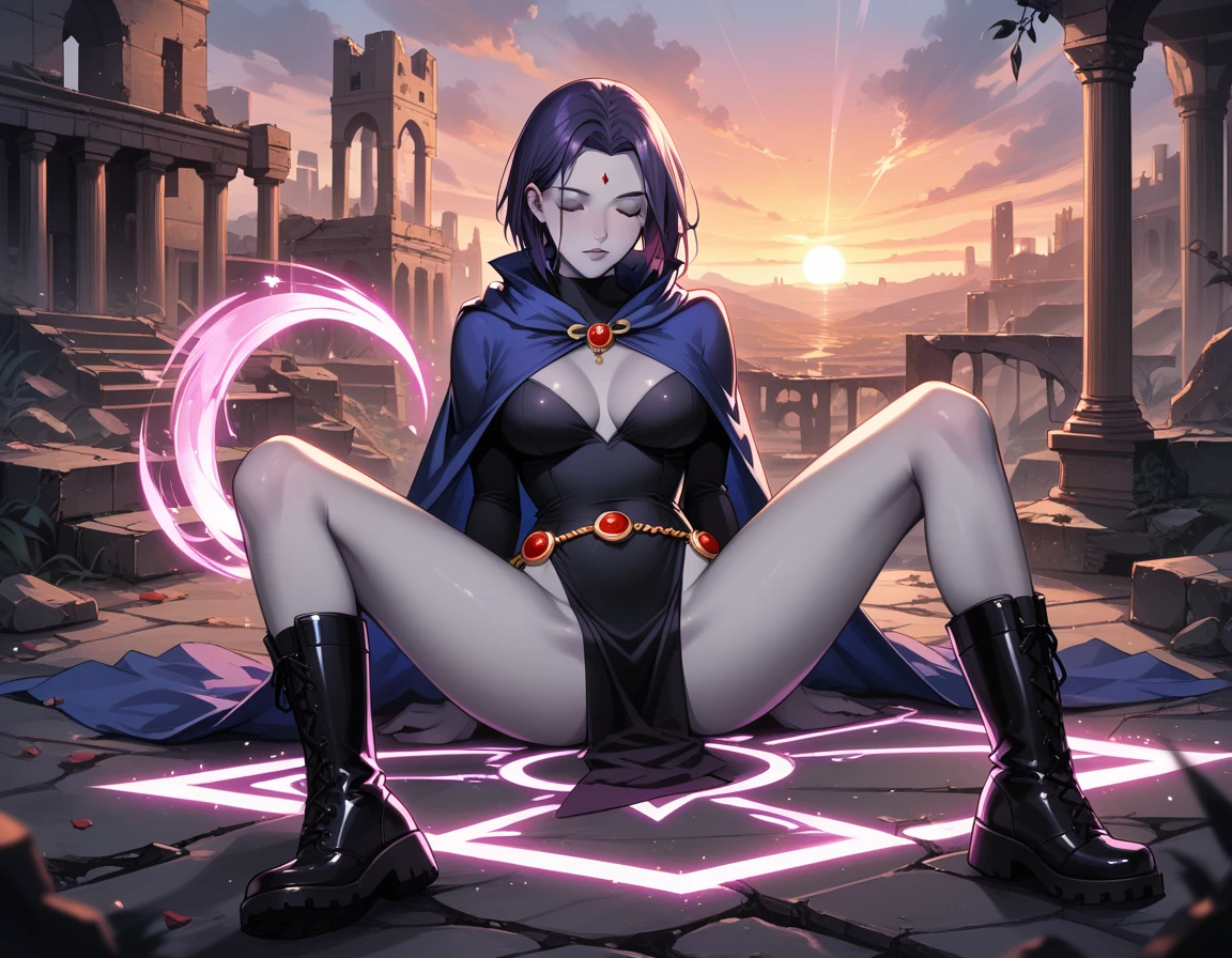 score_9, score_8_up, score_7_up, score_6_up, BREAK 1girl, (Raven, grey skin, bare legs, cape, boots:1.4), sexy woman, cleavage, BREAK (casting a spell, pink energy, rune symbols:1.3), (sitting down, legs spread:1.2), eyes closed, BREAK (building ruins:1.1), (sunset:1.2), shallow depth of field, BREAK highly detailed, bokeh, moody, epic, gorgeous, grainy, BREAK (ultra-detailed), (best illustration), (best shadow), (absurdres), (detailed background), (very aesthetic).