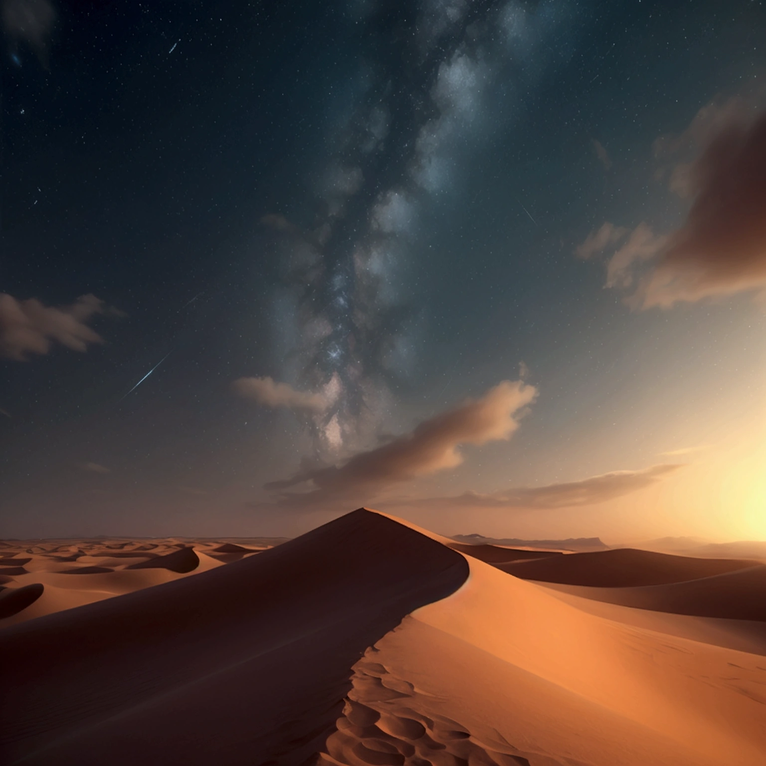 A starry sky。desert。night。Photogenic beauty。Realistic。Very realistic。It is depicted in detail。