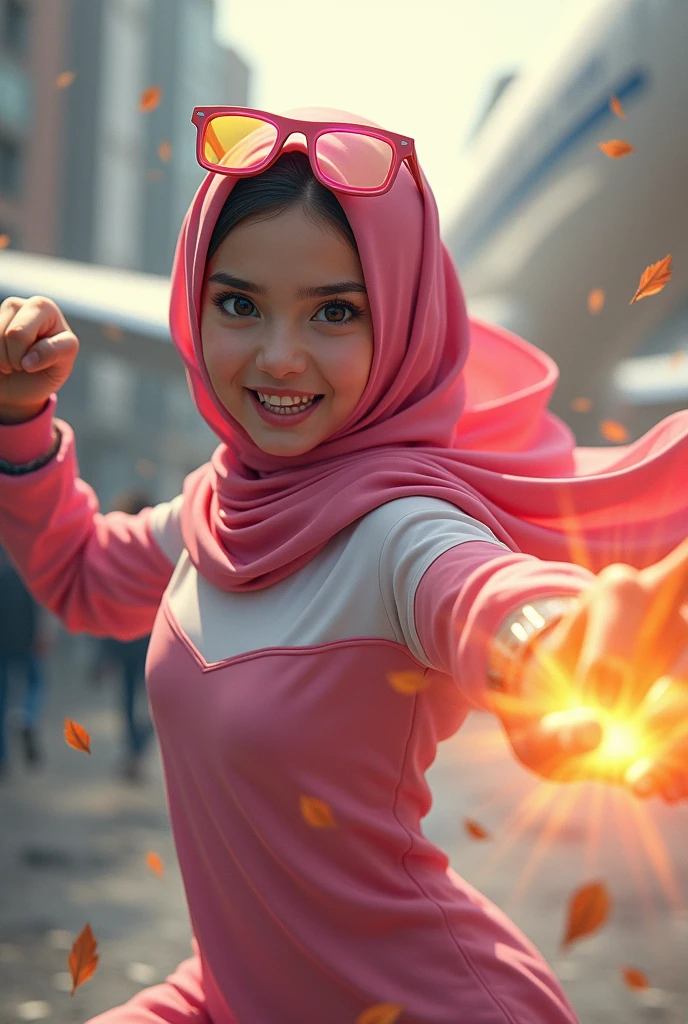 Malaysia women a realistic masterpiece. Human .wear pint watch.. 1girl wearing a hijab, detailed beautiful face, Hijab Muslim. Wear long sleeve moder design pink white pink stripe white. anger face, minimalist flower on shirt. Enger face. Open mouth. Glowing power pink. . Wear pink white.small Safety Pink yellow glasses google spectacle top of the head rubberband head. Age 15 year old. Flying position. Fast fly. Panning effect Photography . Jump on and have a super strong power.. punch flying beside big aeroplane . Fight pose. Bokeh background. fist front.. At the city. Bad waether. , detailed lips, long eyelashes. Hero, modest expression, delicate facial features, natural skin tones, , detailed folds and textures of hijab, natural lighting, high quality, photorealistic, 8k, best quality. Malaysia girl. Floating small stone and dry leave. ). Running effect. Glowing yellow power. Runfast effect. Braces teeth. Boleh background. Panning effect.pink high tech watch. flying high on sky.
