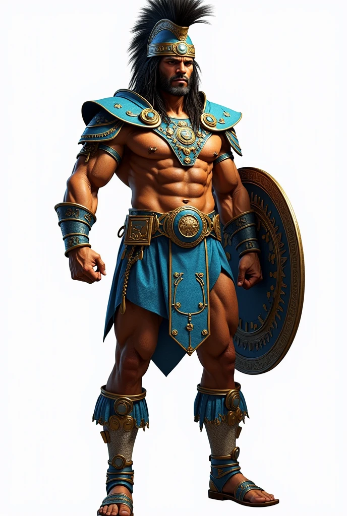 Generate me an image of a Mayan warrior, that is not an animated image, not even a caricature, that it is a formal and well aesthetic image, that has a shield but does not have many details because there I am going to put a logo, You just generate me the Mayan warrior in full body and with a strong blue outfit, dorado, white, among other colors, that has a png background, I just want the full body image with png background, Don't add any more details and make sure your shield looks complete