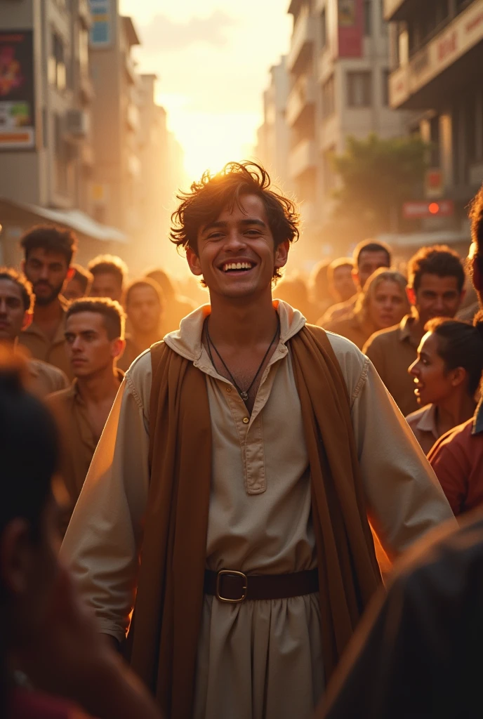 Young man smiling on the street full of the Holy Spirit and around him people looking at him with hatred and crying and pointing at him
