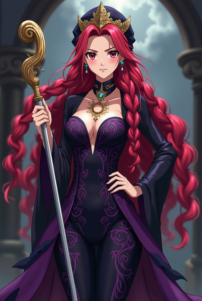 Irene belserion fairy tail, elderly age but still youthful looks , more hot, calming, scarlett hair with long and wavy Braided , wearing form-fitting, ornate dress with intricate patterns, often depicted as black or dark purple, ORNATE HEADDRESS , long staff or scepter. Totally Less clothes, even more openings