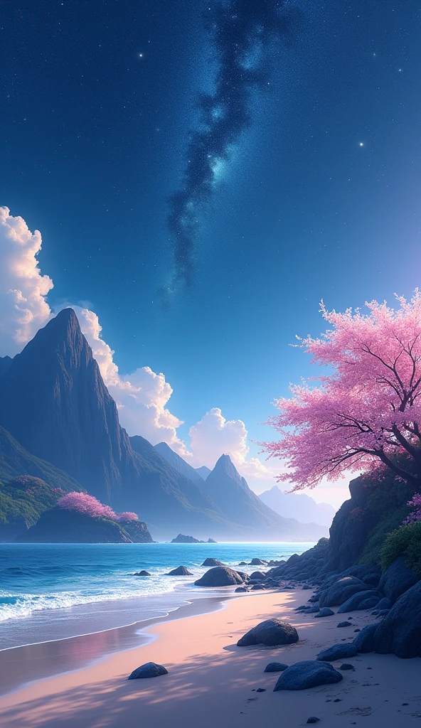 BREAK (masterpiece:1.2), best quality, high resolution, unity 8k wallpaper, (illustration:0.8), (beautiful detailed eyes:1.6), extremely detailed, perfect lighting, extremely detailed CG, Beach, mountains, Sakuras, sea, shining stars, solo, empty scenery, night, no humana
