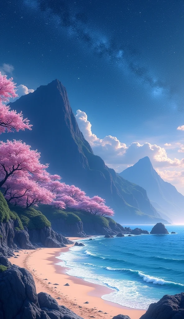 BREAK (masterpiece:1.2), best quality, high resolution, unity 8k wallpaper, (illustration:0.8), (beautiful detailed eyes:1.6), extremely detailed, perfect lighting, extremely detailed CG, Beach, mountains, Sakuras, sea, shining stars, solo, empty scenery, night, no humana