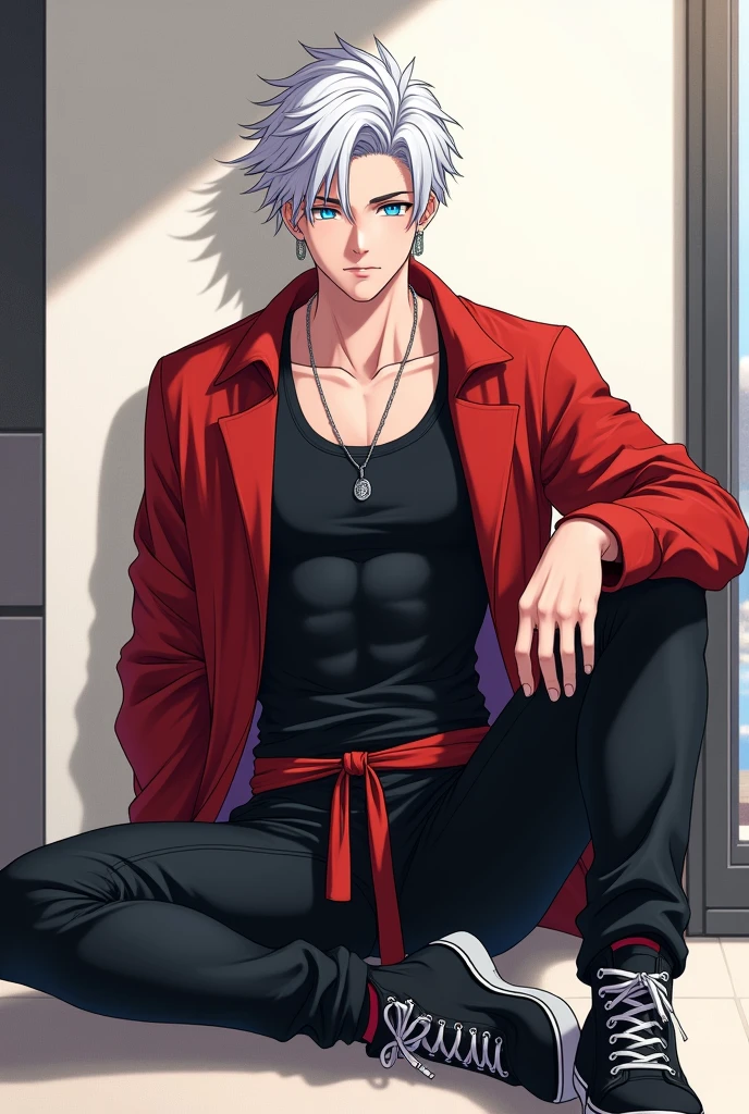 ((quality)), ((art)), ((best)), ((detailed)), 1, ((boy)), ((Anime)), he is ((1)), and is extremely ((beautiful)), and ((perfect)), body: his is ((slim muscular and athletic)), with a ((strong handsome physique)), he has ((shiny white hair like the moon with an asymmetrical shape with loose strands)), he has beautiful and beautiful ((bright blue eyes like the sky)),

he wears a ((tight black tank top that shows off his body)), ((wears a shiny silver neck necklace)), he wears a ((red jacket with long sleeves tied at the waist)), he wears a ((black pants tight)), and he is wearing a pair of ((Black sneakers))

((He is sitting on the floor looking straight ahead)),