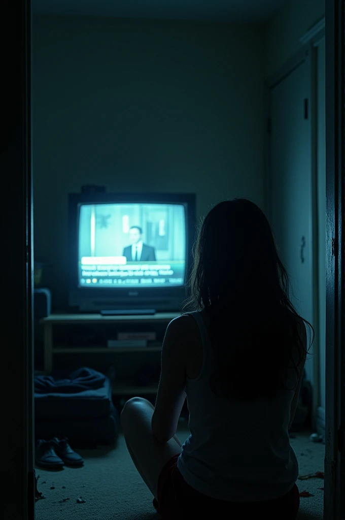 ": A television on, showing news without sound, in a dark and messy room. The person who lives there doesn't pay attention to it., indicating that she is absorbed in her own thoughts.