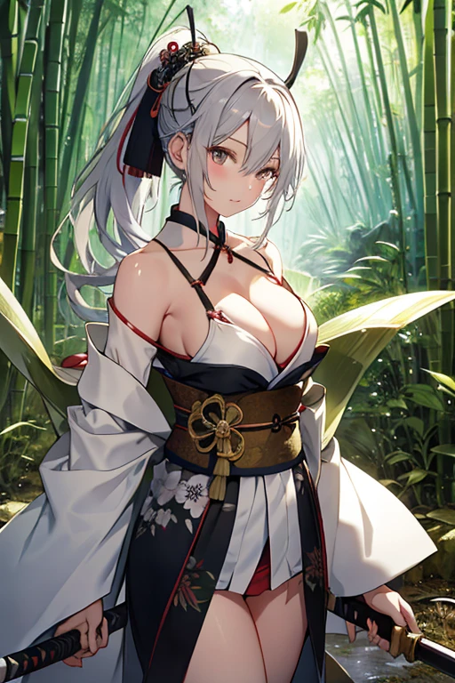 bamboo forest、A kimono that exposes the chest、Cleavage、Thighs、A Japanese sword is worn on one side of the waist、Beautiful Girl Swordsman、((E Cup、Long silver hair、ponytail))、bamboo forest