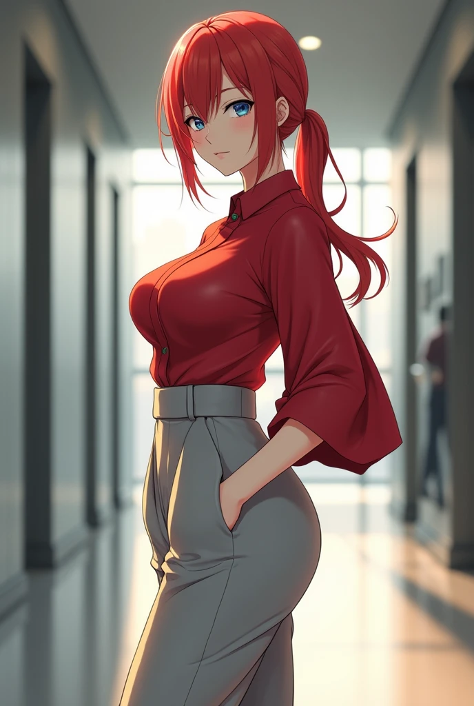 Anime Japanese woman, working woman, uniform, red hair, long hair, low ponytail, blue eyes, kimono-like scarlet shirt with large sleeves, oversized light grey slacks, large breasts, nice butt, office hallway