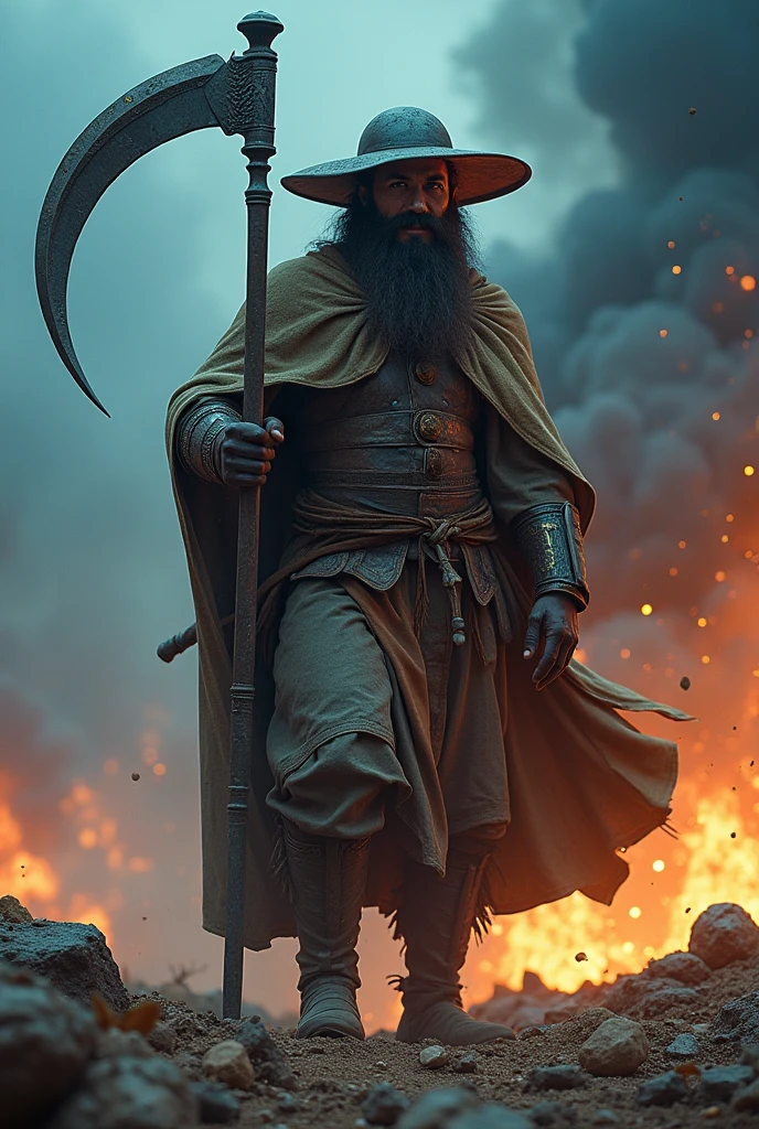 "Create a realistic and intense image like a photograh of a warrior named FarmMasteR, depicted with a head that resembles the drawing provided, including the hat, facial features, and mustache. The warrior should be holding a large scythe, representing his farming background. The character should be dressed in traditional medieval desert armor, with a unique and fearsome presence. The background should depict a war-torn desert battlefield with a blue tone, filled with flames, smoke, and destruction to enhance the intense atmosphere. The lighting should be dramatic, emphasizing FarmMasteR's powerful and unique appearance. The name 'FarmMasteR' should be prominently displayed in bold, cinematic font, ensuring it is clearly visible and integrated into the design."