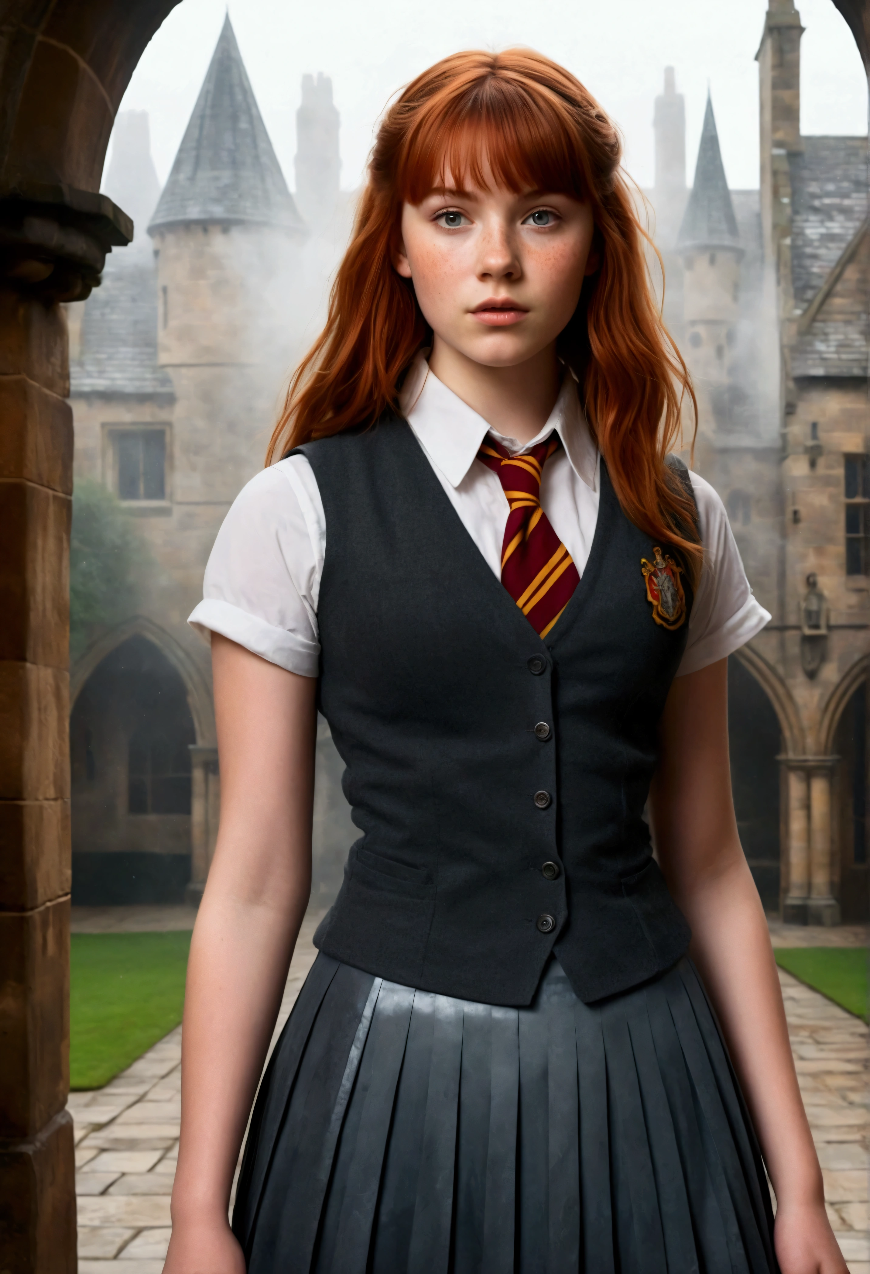 An illustrated movie poster, hand-drawn, full color, a teenage Hogwarts student, 18-years-old, female, wearing a charcoal vest and a pleated skirt, athletic hourglass figure, busty bosoms, full wide hips, massive round butt, long shapely legs, ridiculously thick powerful thighs, vibrant eyes, red auburn hair, thick shaggy bangs, flushed sun-kissed complexion, freckles, resembles Freya Allen, standing in a foggy Hogwarts courtyard, surrounded by mist, graphite shading, stencil marks, airbrushed acrylic paint, masterpiece