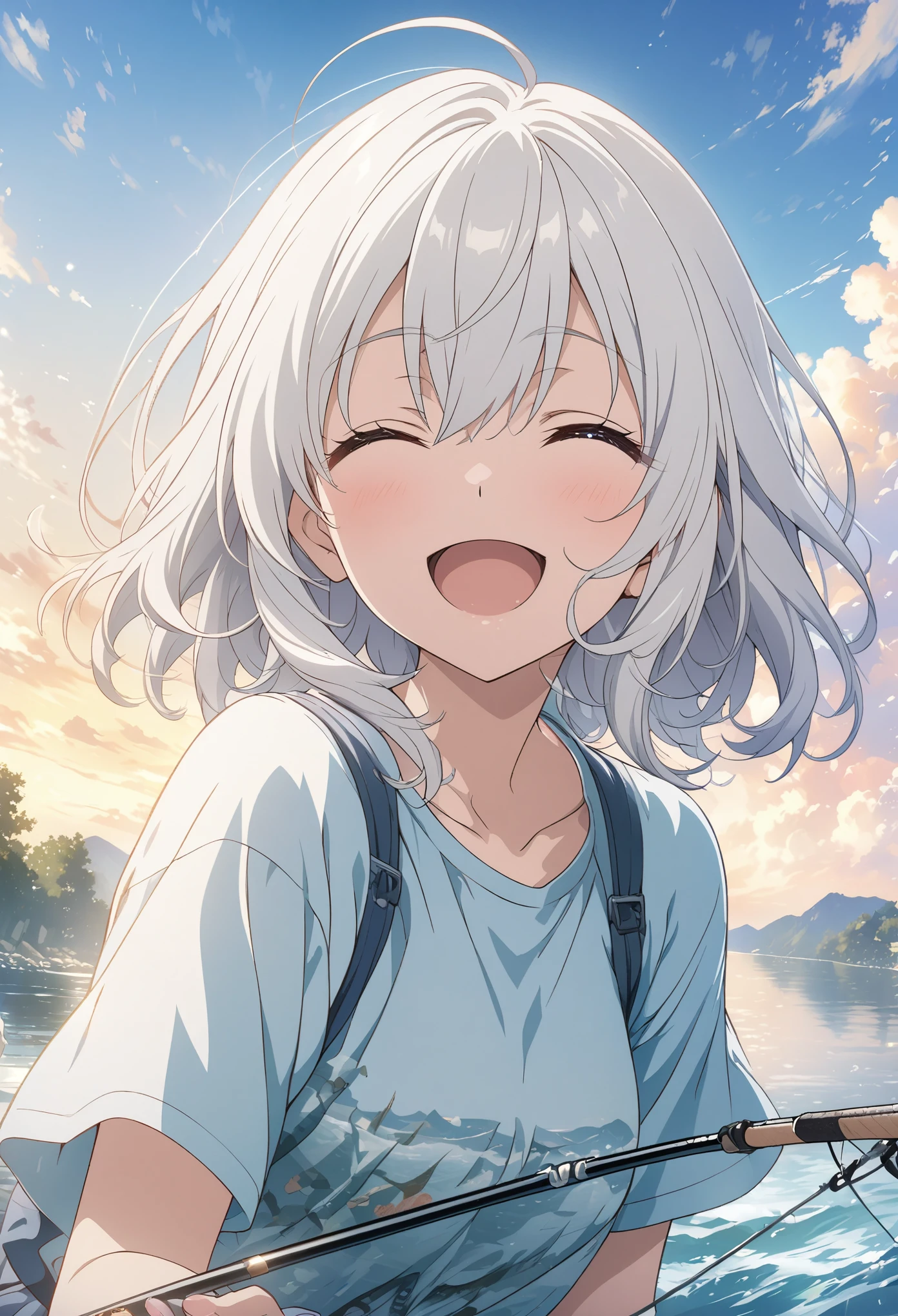 masterpiece, Highest quality, Highly detailed CG Unity 8k wallpaper, High School Girl Anime Illustration. fishing, she has her eyes closed and mouth open, smile. The background is a light pastel colored landscape., white hair color, Yellow Eyes, Written boundary depth