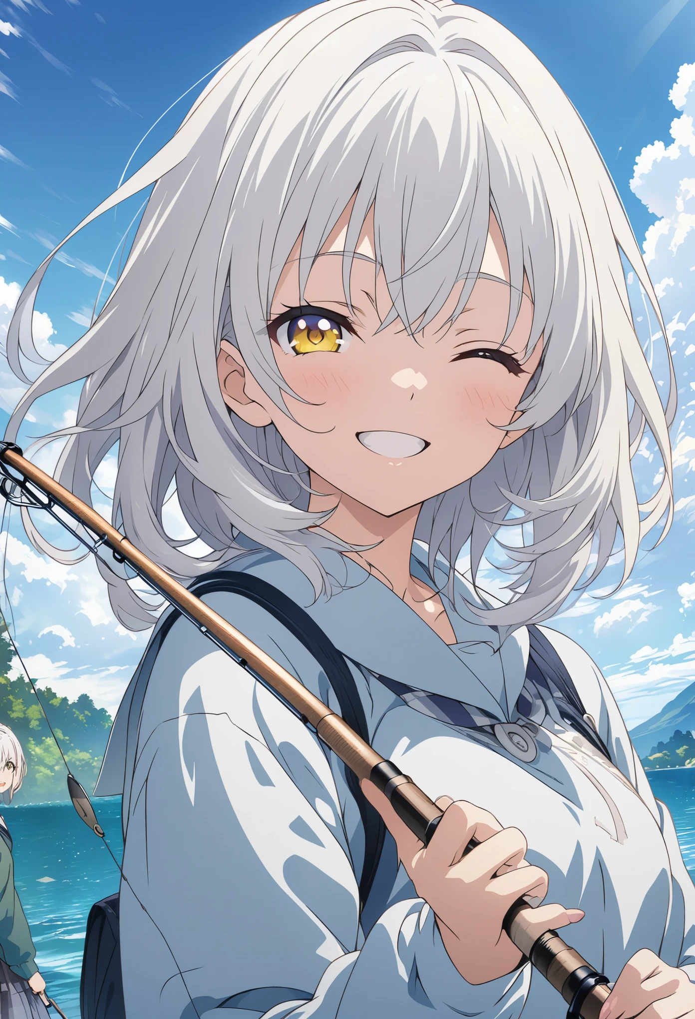 masterpiece, Highest quality, Highly detailed CG Unity 8k wallpaper, High School Girl Anime Illustration. fishing, she has her eyes closed and mouth open, smile. The background is a light pastel colored landscape., white hair color, Yellow Eyes, Written boundary depth