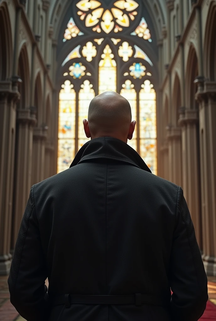 homme chauve a la cathedrale de reims ,le regard vers nous