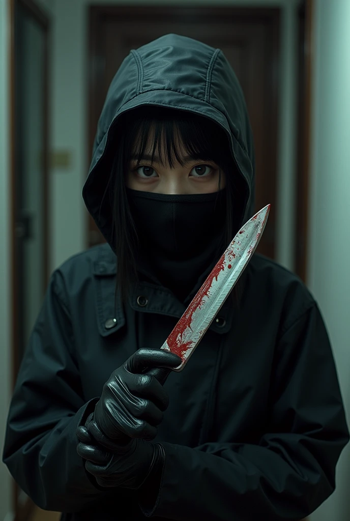 korean girl, (holding knife, black balaclava mask), stabbing, black leather gloves, entrance of the house, black raincoat, girl only, bloody knife, leather gloves, looking at viewer, blood splatter, night, mass murderer, killer, blood splatter,