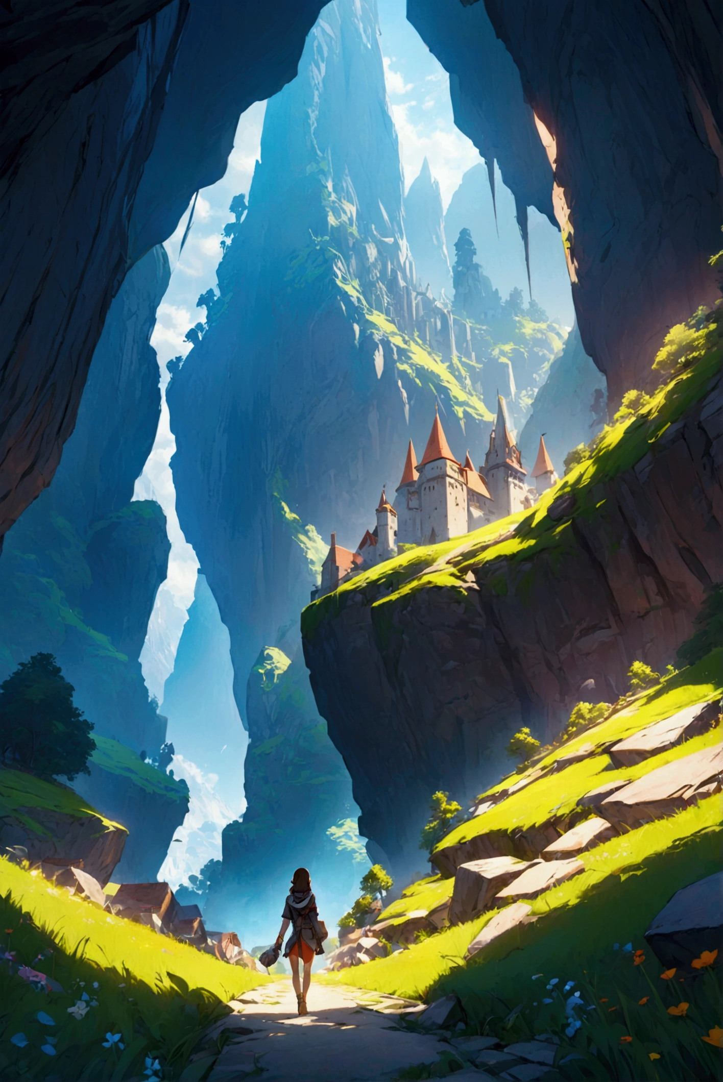 unreal engine 5のps5版Minecraftのイラスト、Spectacular scenery drawn in 16K detail、beautiful woman exploring、Vibrant colors、best quality, You are a professional animator and you always draw at least two illustrations.。Believe in your own growth and go beyond your limits to quickly draw beautiful illustrations.