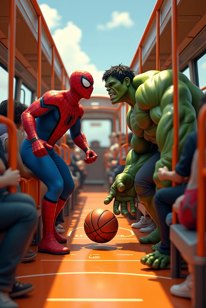 Bus orange remplis de Spider-Man et de Hulk qui font du basket