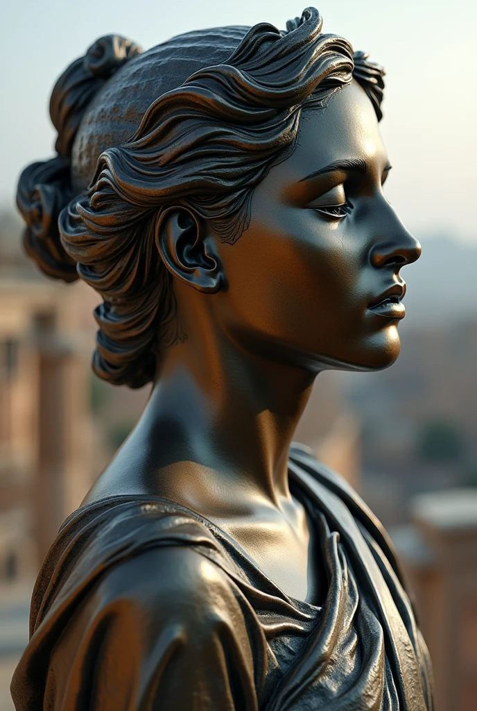 the close-up face and shoulder of a muse with her eyes closed, roman robes, the city of Rome in ruins in the background I can hear it very clearly, metallic face color sculpture, infinite background, hyperrealistic bronze sculpture
