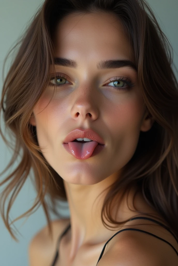 A beautiful white woman sticking out her tongue and drooling.
