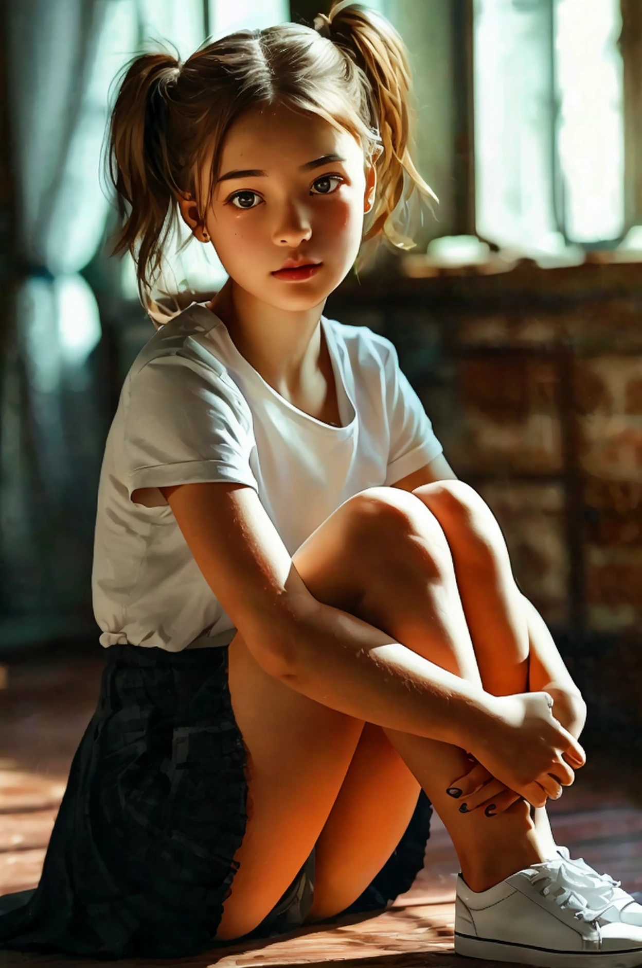 Cute 18-year-old girl, god, Short Girl, A slim body, Small boobs, Small breast, Small booty show, ultra mini skirt, detailed face, beautiful eyes, long eyelashes, cute expression, Minimalist interior, dark-toned interior, photorealistic, 4K, high quality, hairstyle two ponytails, Short skirt, sneakers, sitting on the floor, front view, full body