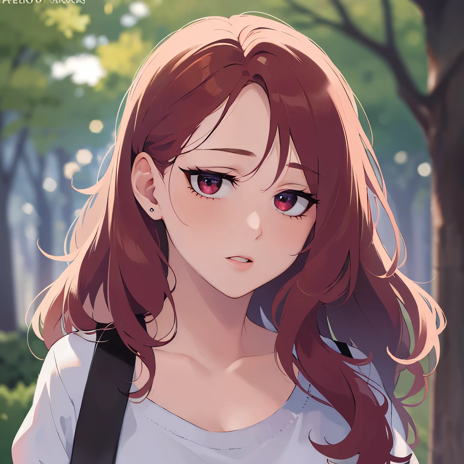 (looking at viewer:1.5)Upper Body, Side shot、
Realistic, real person, RAW photo, photorealistic, portrait photography, shiny skin,
25-year-old woman、(Medium Hair) and (red hair) and (red eyes),
Wearing a white T-shirt、
frustrated,park、(alone:1.5)