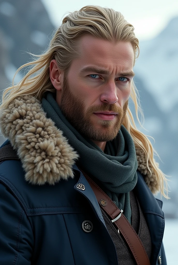 hot European man with blonde hair and beard, blue eyes, Nordic , masterpiece