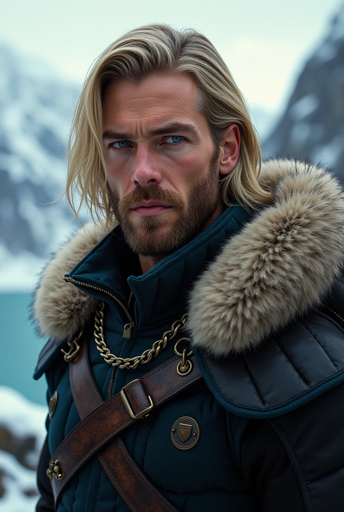 hot European man with blonde hair and beard, blue eyes, Nordic , masterpiece