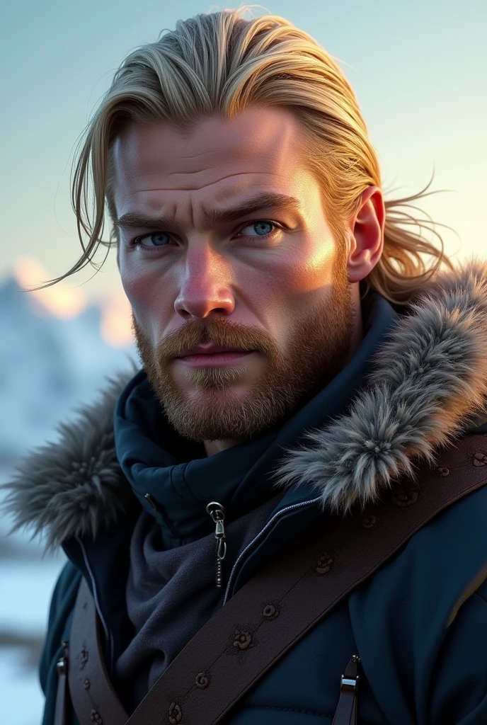 hot European man with blonde hair and beard, blue eyes, Nordic , masterpiece
