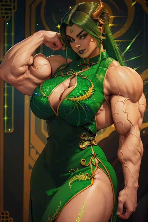 (Close view), tall, (green hair), beautiful muscular woman, long curvy hair, light brown skinned, closed smile, (black lipstick), ((massive muscles)), (hyper muscle), ((ginormous bulky muscles)), orange eyes, ((((green sparkly cheongsam dress embroidered with dragon designs)))), gauntlets, choker, thigh high lace socks, (in japan)