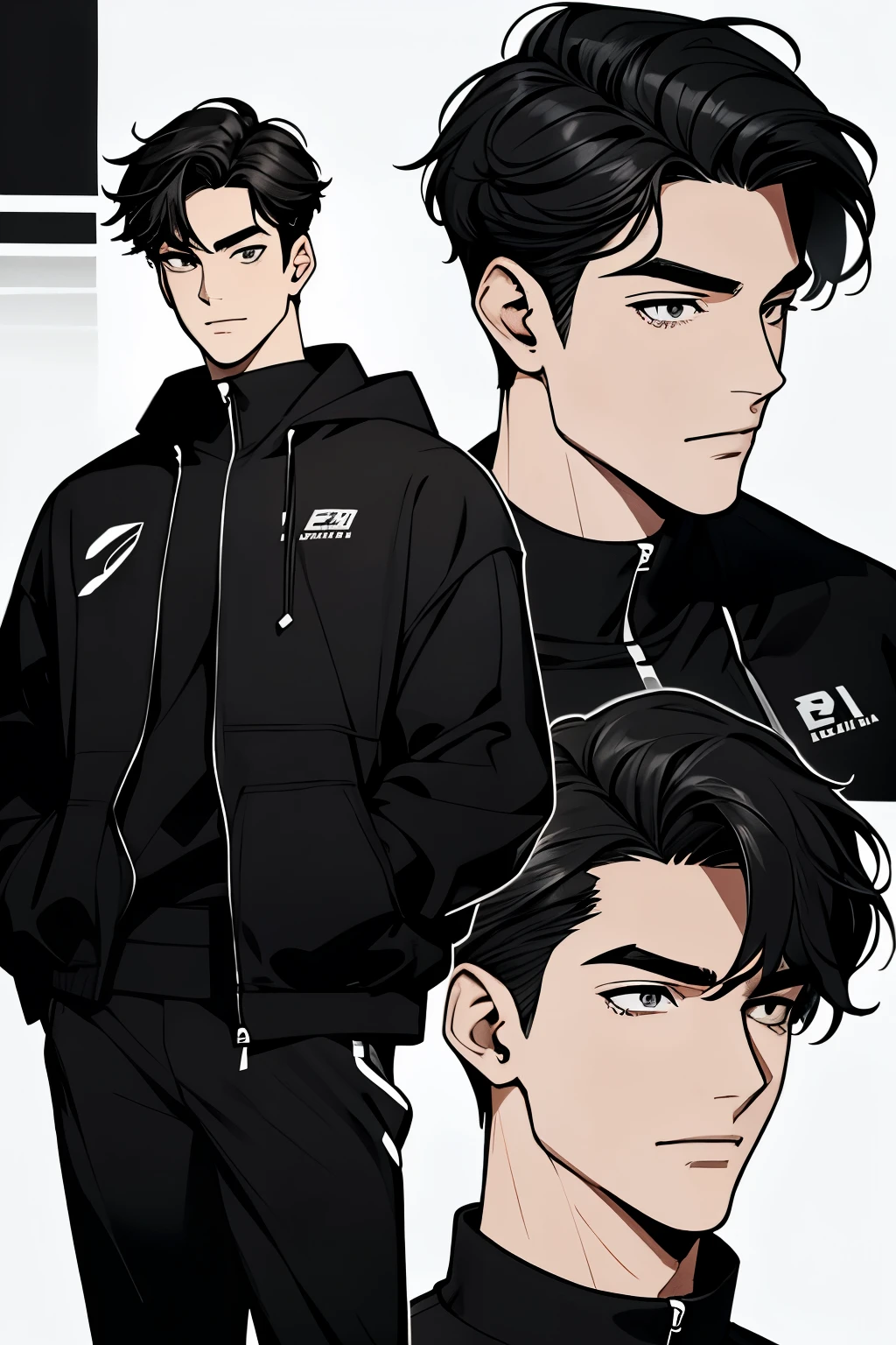 Handsome male in his 20s with black hair smiling, eyes closed, black tracksuit, clapping, character sheet, fighting