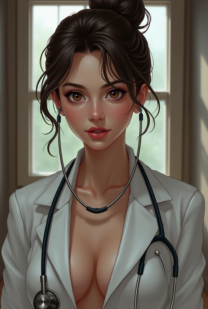 Une femme brune aux yeux marrons. She has lips that aren&#39;t too big., rather thin. She has her hair tied up in a bun. She is a medical captain in the French army.. She has a stethoscope around her ears. She is naked under her large open white coat.