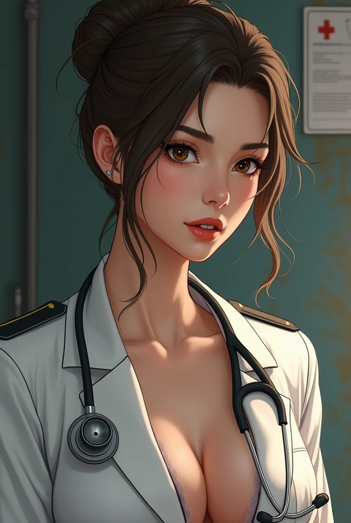 Une femme brune aux yeux marrons. She has lips that aren&#39;t too big., rather thin. She has her hair tied up in a bun. She is a medical captain in the French army.. She has a stethoscope around her ears. She is naked under her large open white coat.