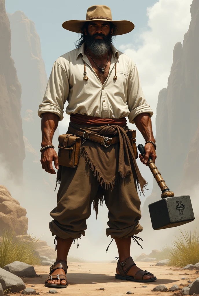 Tonho is a strong man, with a face marked by battles against the hard life in the backlands. Always wear a white cotton shirt, goat leather pants and leather sandals, with the inseparable wide-brimmed hat, typical of northeastern cowboys. Instead of a magic hammer, Tonho carries a heavy "sledgehammer" blacksmith, forged by his father and enchanted by the gods of the backlands.