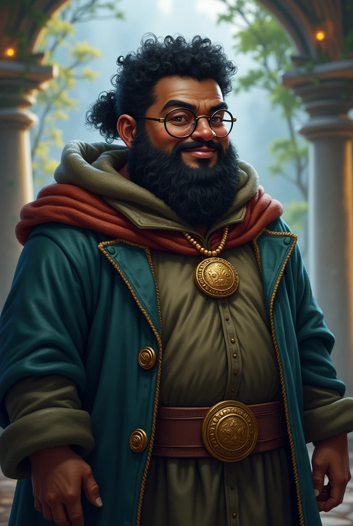 Young black-skinned wizard, fatter, round glasses for rpg,