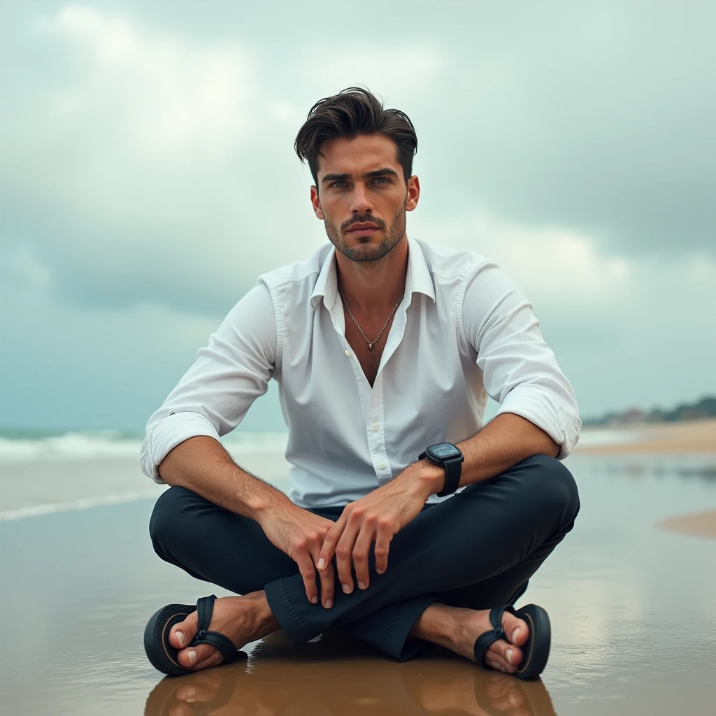 makes image of a white man, aged 35, model type, with short dark hair, with clear eyes, wearing a shirt buttoned up to the neck, wearing dental floss and flip flops, sitting on the wet sand on a beach in the Algarve, and looking at the lens