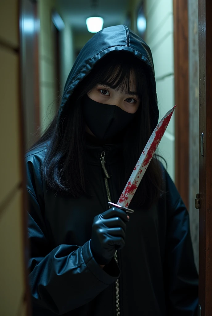 2 korean girl, (holding knife, black balaclava mask), stabbing, black leather gloves, entrance of the house, black raincoat, girl only, bloody knife, leather gloves, looking at viewer, blood splatter, night, mass murderer, killer, blood splatter,
