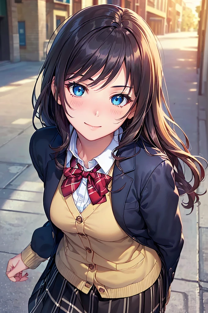 ((Masterpiece, Highest quality, High resolution, Hyper HD, Pixel perfect, Depth of written boundary, 4K, RTTX 10.0, High resolution))), One beautiful girl, single, alone, Beautiful Anime, Beautiful art style, Anime Figures, ((Long Hair, bangs, Purple Hair, Curly Hair:0.8)), ((blue eyes, Round eyes, Beautiful eyelashes, Realistic eyes)), ((Detailed beautiful face, blush:1.2)), ((Smooth texture:0.75, Realistic texture:0.65, Realistic:1.1, Anime CG style)), Medium chest, Dynamic Angle, Perfect body, ((Red bow tie, school uniform, Black jacket, Open jacket, Brown cardigan, White shirt, Black Skirt, Checked skirt)), smile,School、