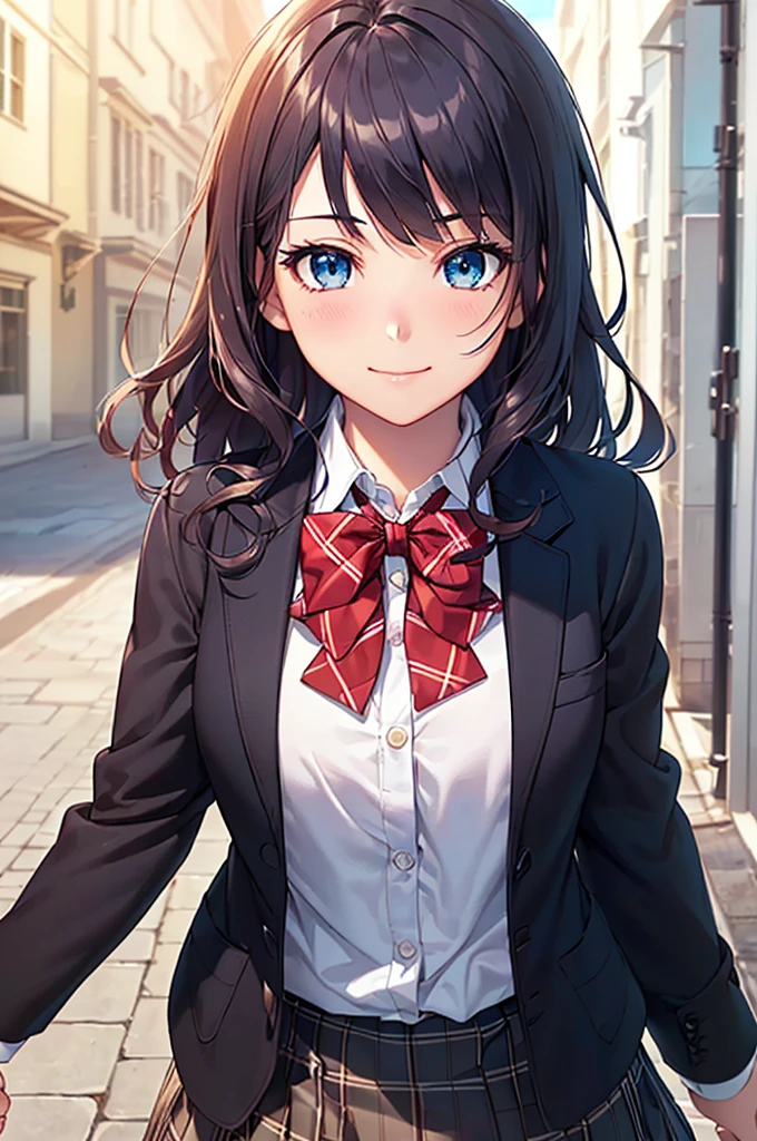 ((Masterpiece, Highest quality, High resolution, Hyper HD, Pixel perfect, Depth of written boundary, 4K, RTTX 10.0, High resolution))), One beautiful girl, single, alone, Beautiful Anime, Beautiful art style, Anime Figures, ((Long Hair, bangs, Purple Hair, Curly Hair:0.8)), ((blue eyes, Round eyes, Beautiful eyelashes, Realistic eyes)), ((Detailed beautiful face, blush:1.2)), ((Smooth texture:0.75, Realistic texture:0.65, Realistic:1.1, Anime CG style)), Medium chest, Dynamic Angle, Perfect body, ((Red bow tie, school uniform, Black jacket, Open jacket, Brown cardigan, White shirt, Black Skirt, Checked skirt)), smile,School、