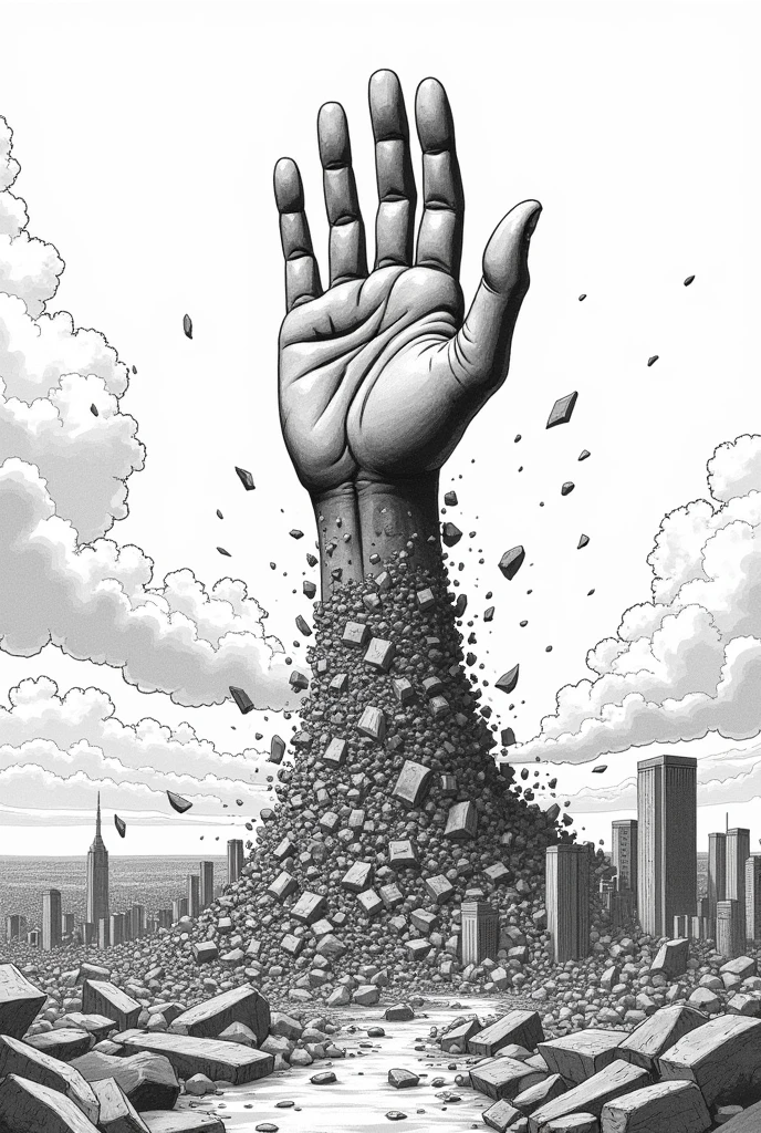Collapsing skyscrapers morphs into a giant shaped hand made of only broken material reacting towards the sky, majestic clouds, sideways view, birdseye view, askew camera angle, line art drawing, heavily detailed, manga black and white,