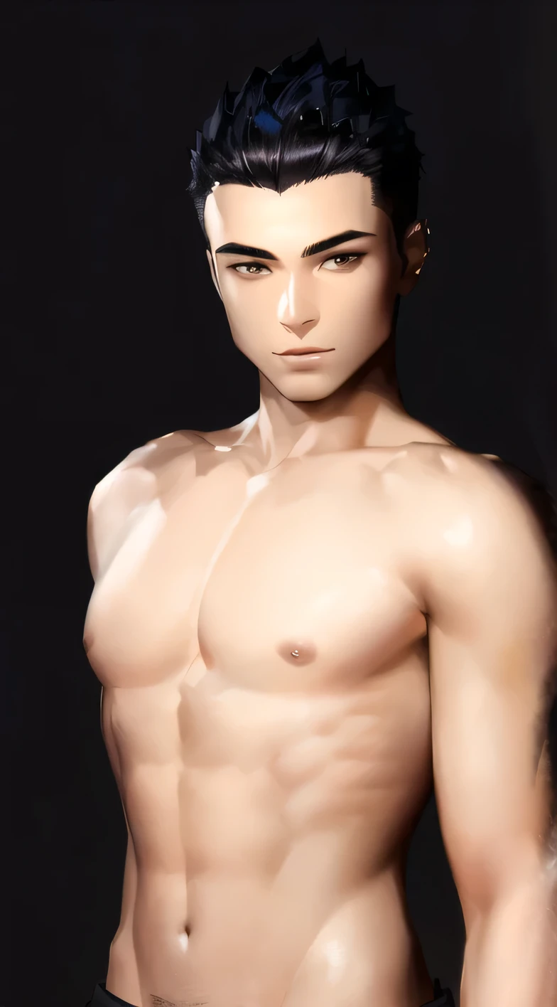 arafed male in a black shirt posing for a picture, shirtless :: high detail, detailed body and face, realistic body features and face, photorealistic skin tone, realistic shaded perfect body, male model, extreme detailed face and body, smooth. digital painting, detailed face and body, handsome stunning realistic, high detail skin, upper body avatar, human youth male