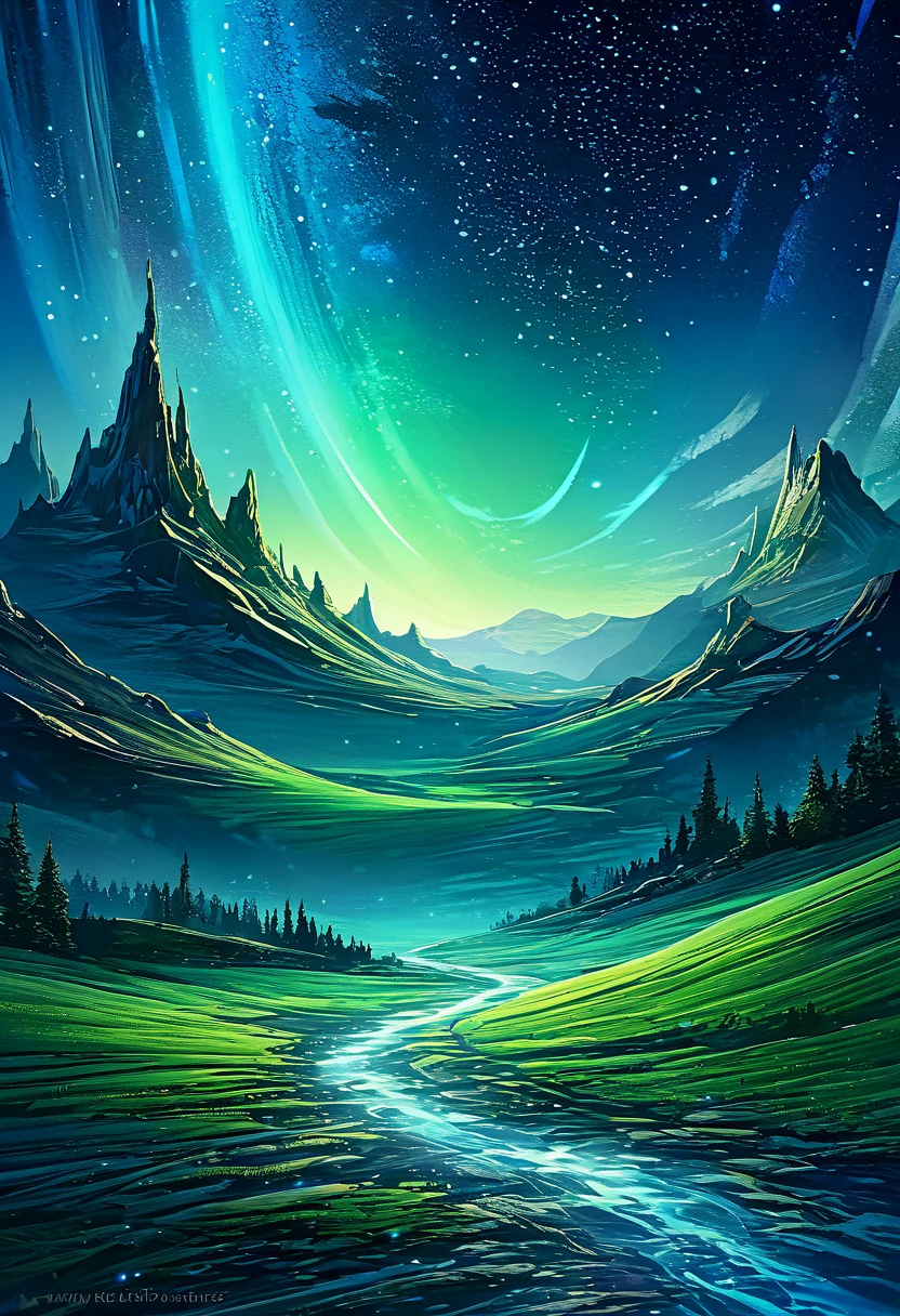 There are a lot around the moon, Many shining stars. starry sky twinkling，Light trails are brighter. surreal scene. Beautiful and stunning composition. Subtle shadows and highlights. dark blue, light blue and green shades. More color gradients. full of mystery. Vibrant tone action painting highly detailed high definition cinematic close up magic fantasy gorgeous digital art