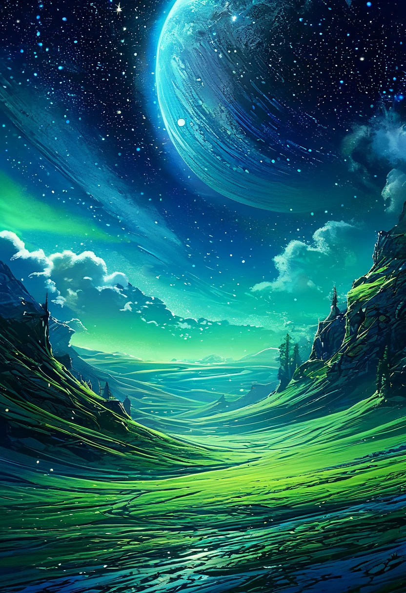 There are a lot around the moon, Many shining stars. starry sky twinkling，Light trails are brighter. surreal scene. Beautiful and stunning composition. Subtle shadows and highlights. dark blue, light blue and green shades. More color gradients. full of mystery. Vibrant tone action painting highly detailed high definition cinematic close up magic fantasy gorgeous digital art